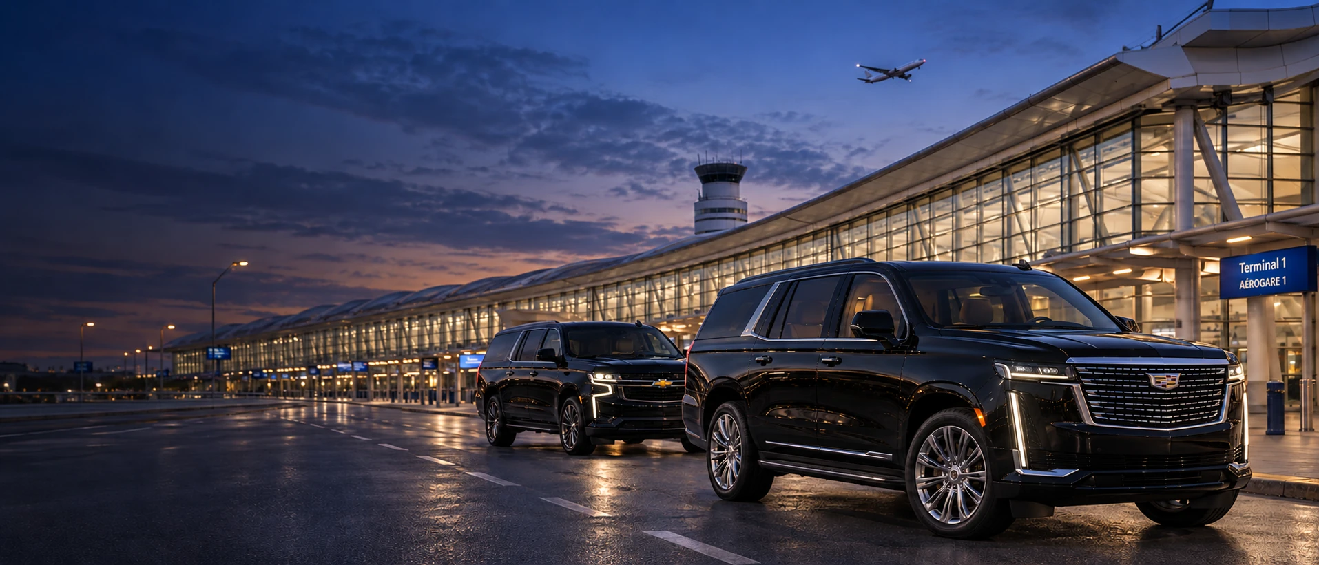 Illustration of black luxury SUVs at Toronto Pearson Terminal 1 beneath an evening sky and aircraft.