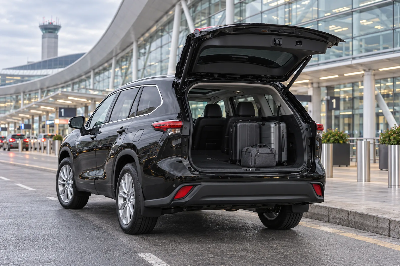 Open boot of a black Toyota Highlander Hybrid holding luggage and a travel bag at Toronto Pearson